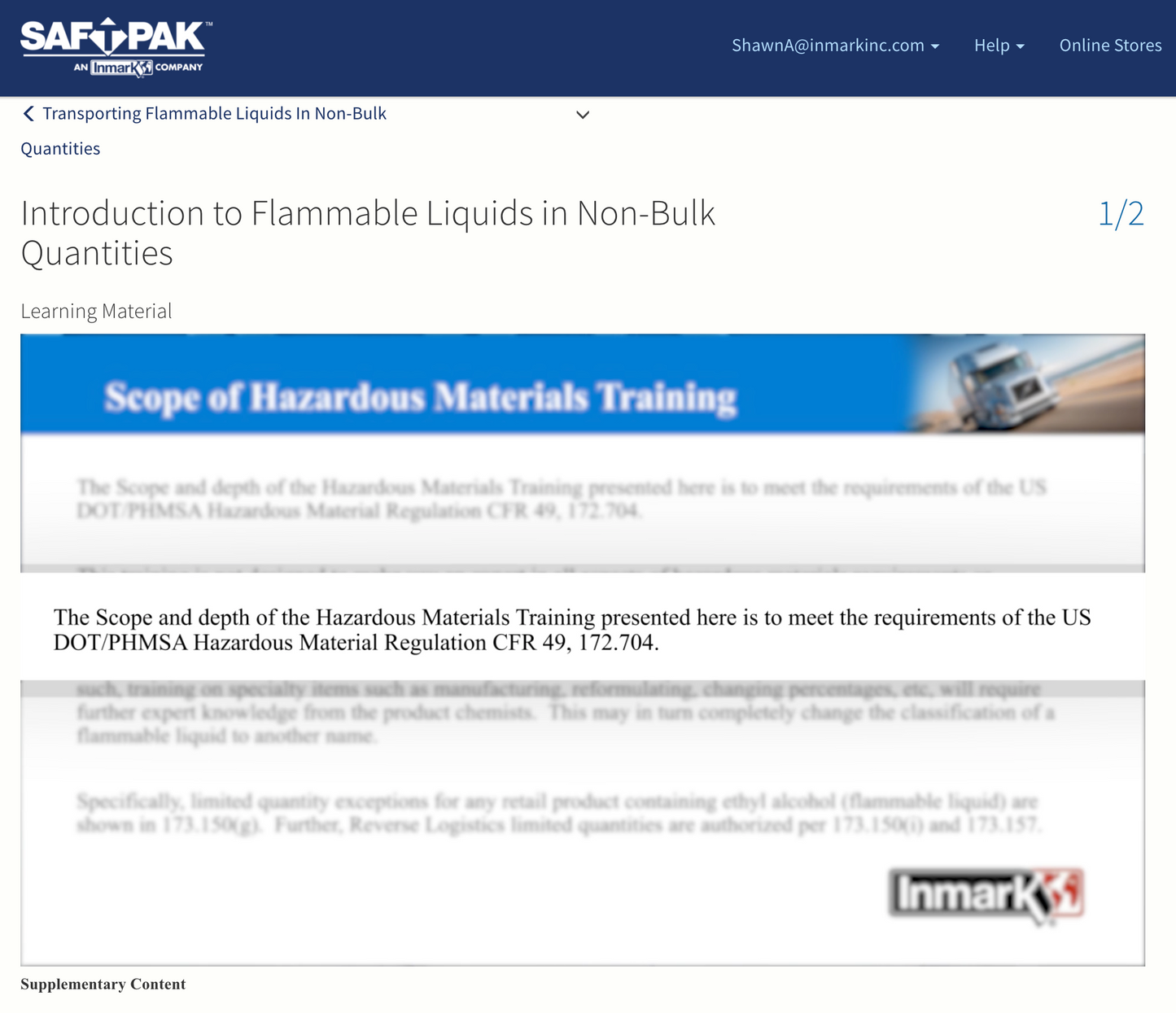 Screen Capture of Saf-T-Pak's Shipping Flammable Liquids Training Course